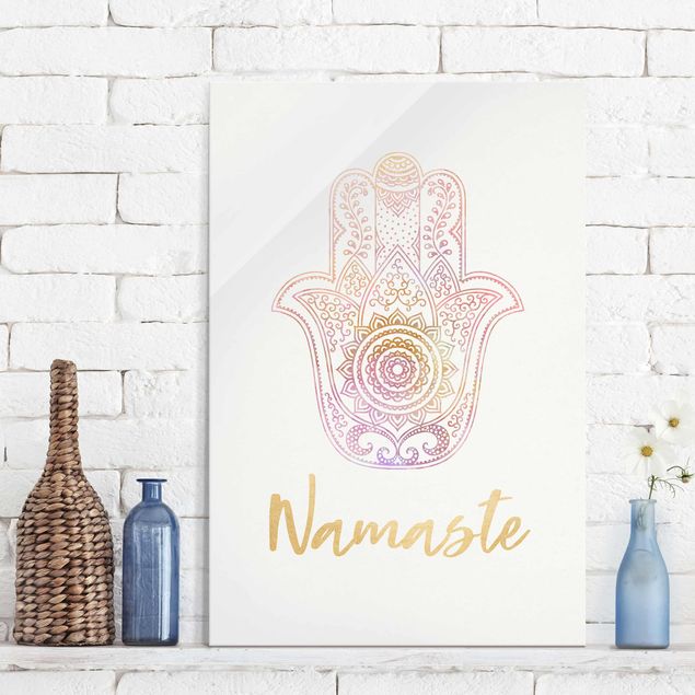 XXL Glasbilder Hamsa Hand Illustration Namaste gold rosa