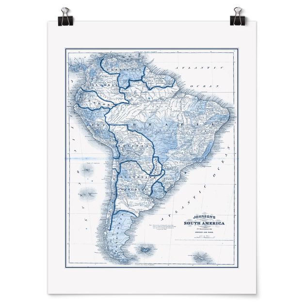 Poster - Karte in Blautönen - Südamerika - Hochformat 3:4