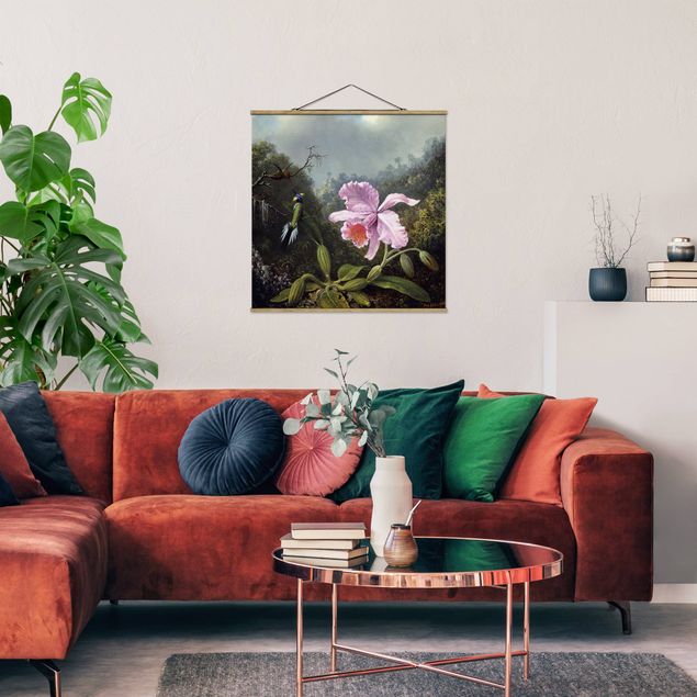 Stoffbilder mit Posterleisten Martin Johnson Heade - Stillleben mit Orchidee und zwei Kolibris