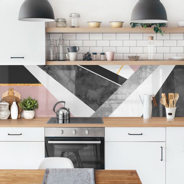 Küche Wandpaneel Schwarz Weiß Geometrie mit Gold