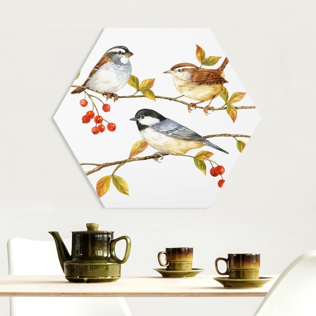 Hexagon Wandbild Vögel und Beeren - Meisen