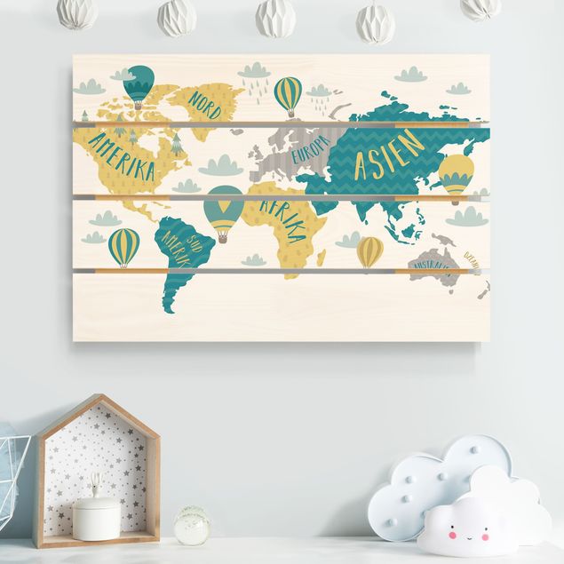 Wandbild Weltkarte Holz Weltkarte mit Heißluftballon