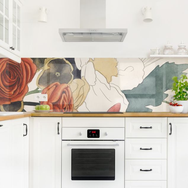 Küche Wandpaneel Zeichnung Blumenbouquet in Rot und Sepia II