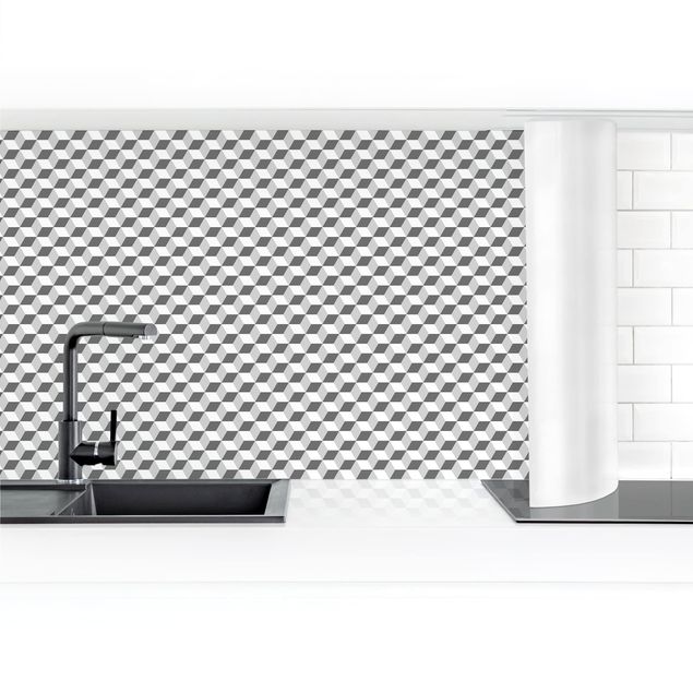 Küchenrückwand selbstklebend Geometrischer Fliesenmix Würfel Grau