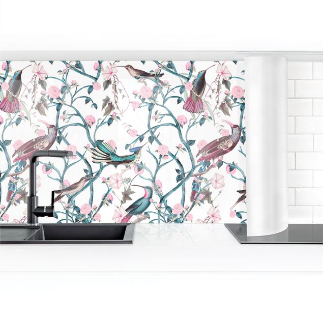 Küchenrückwand selbstklebend Rosa Blumenranken mit Vögeln in Blau II