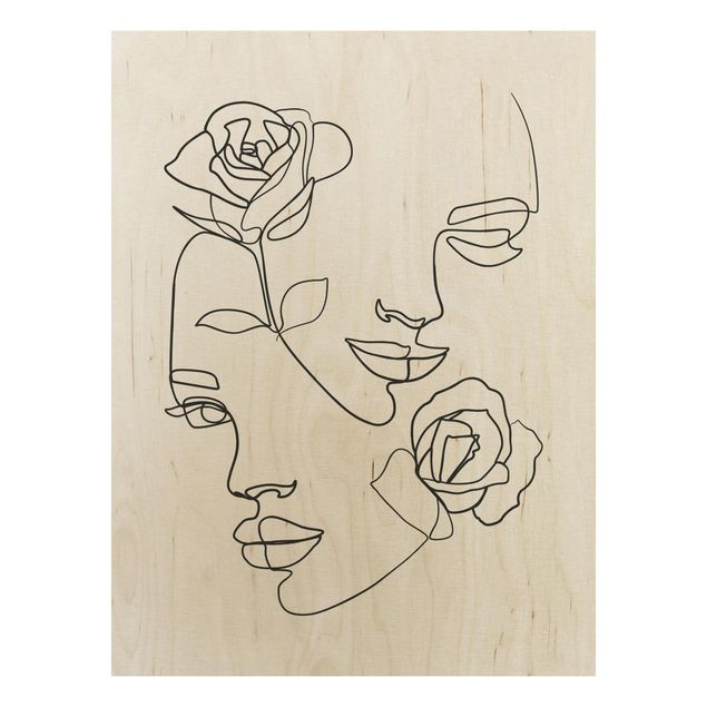 Holzbild - Line Art Gesichter Frauen Rosen Schwarz Weiß - Hochformat 4:3