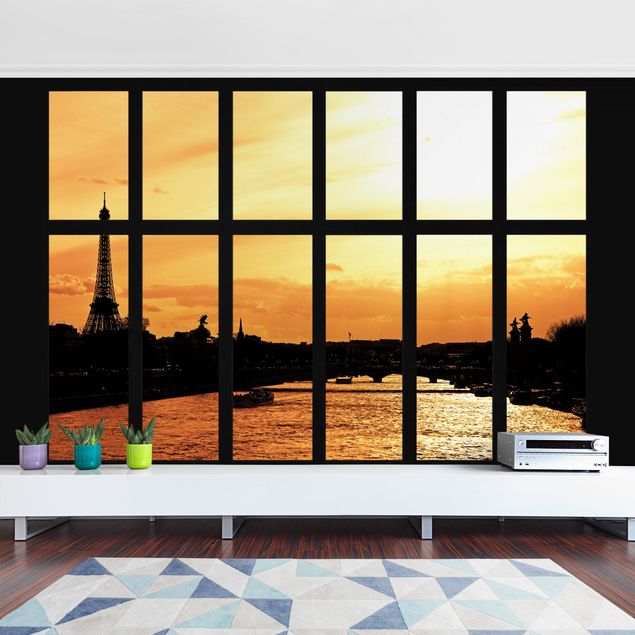 Fototapete - Fenster Eiffelturm Paris Sonnenaufgang