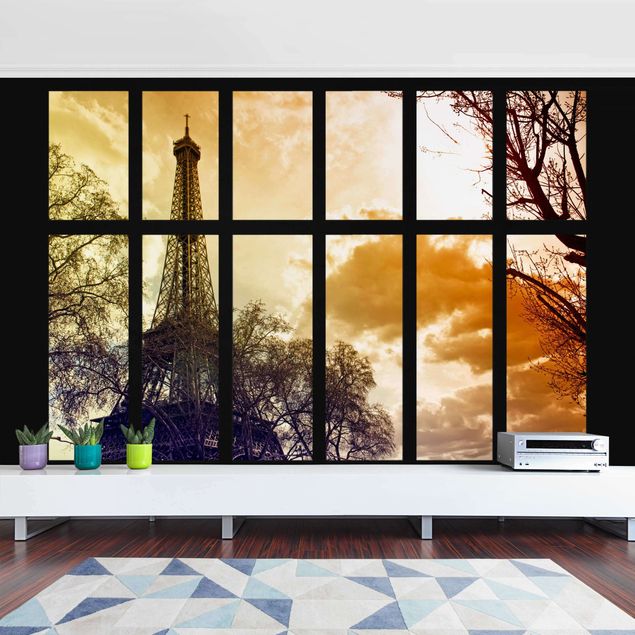 Fototapete - Fenster Sonnenaufgang Paris Eiffelturm