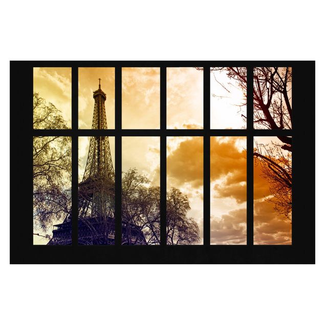 Fototapete - Fenster Sonnenaufgang Paris Eiffelturm