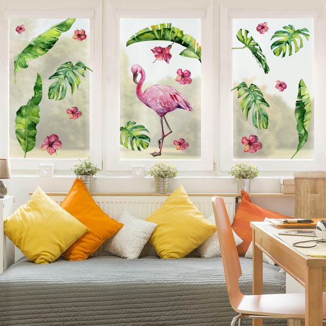Fenstertattoo Blumen Dschungel Flamingo Blätter Set