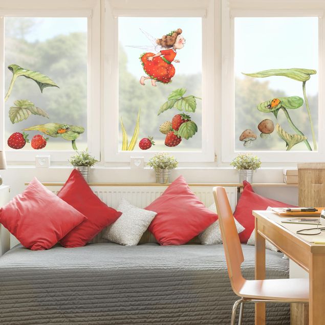 Fensteraufkleber Vögel Erdbeerinchen Erdbeerfee - Blätter und Erdbeeren