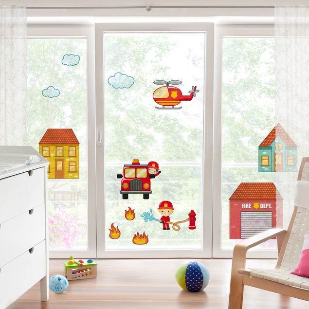 Fensterfolie farbig Feuerwehr-Set mit Häusern