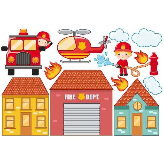 Klebefolie für Fenster mit Motiv Feuerwehr-Set mit Häusern