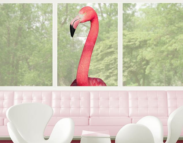 bunte Fensterfolie Neugieriger Flamingo