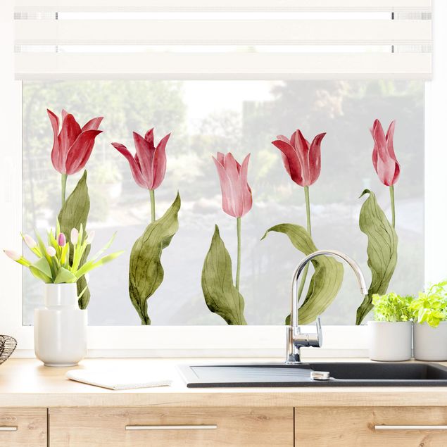 Fensterfolie Motiv Blumen Rote Aquarell Tulpen