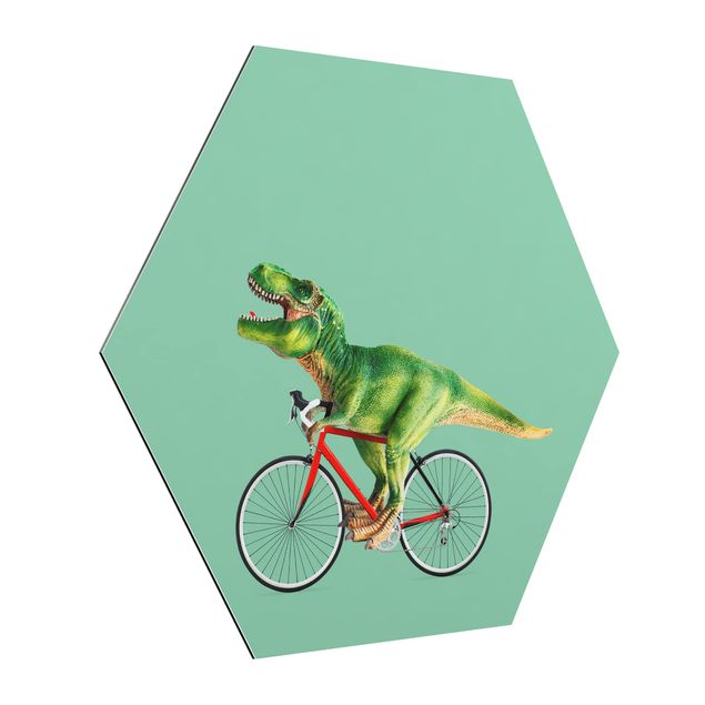 Hexagon Bild Alu-Dibond - Jonas Loose - Dinosaurier mit Fahrrad