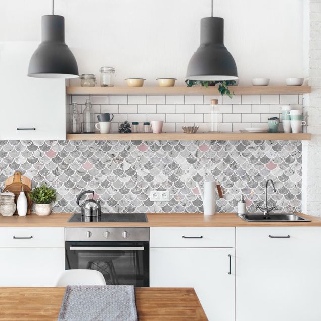 Küchenrückwand - Fischschuppen Fliesen Marmor - Grau-Roségold