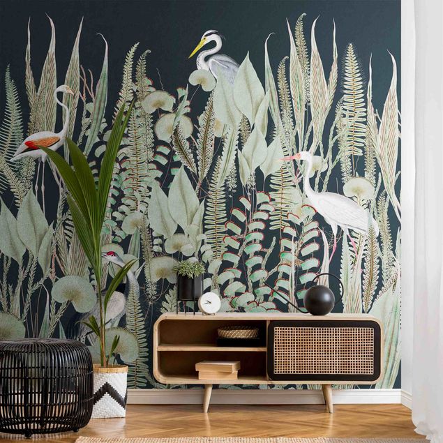 Metallic Tapete  - Flamingo und Storch mit Pflanzen auf Grün
