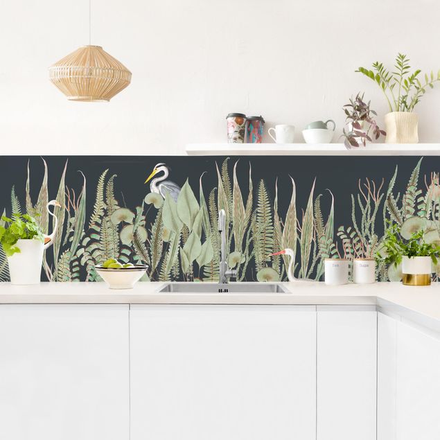 Küchenrückwand - Flamingo und Storch mit Pflanzen auf Grün