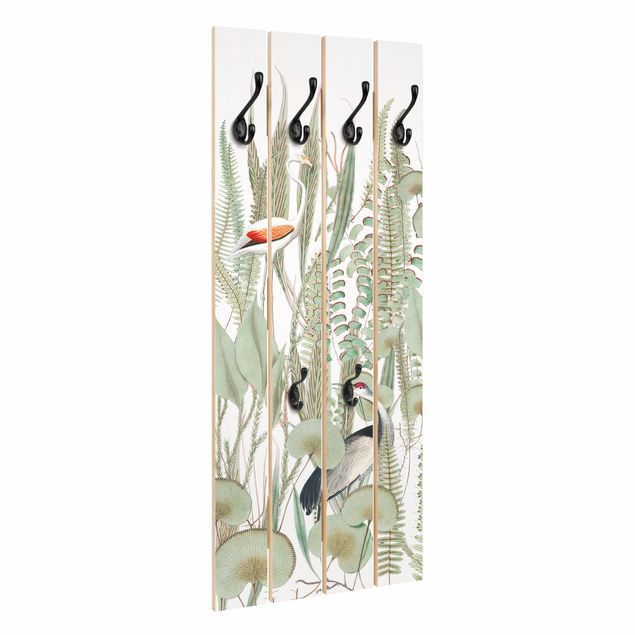 Wandgarderobe Holzpalette - Flamingo und Storch mit Pflanzen