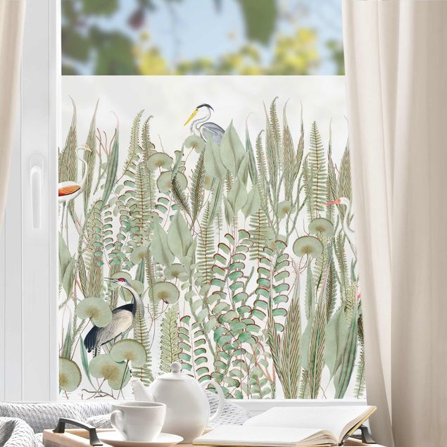 Fensterfolie Motiv Blumen Flamingo und Storch mit Pflanzen