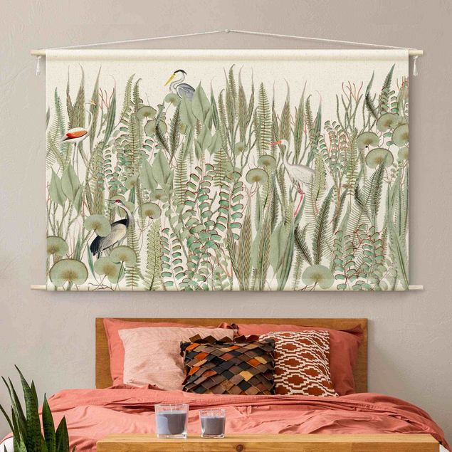 Wandbehang Stoff Flamingo und Storch mit Pflanzen