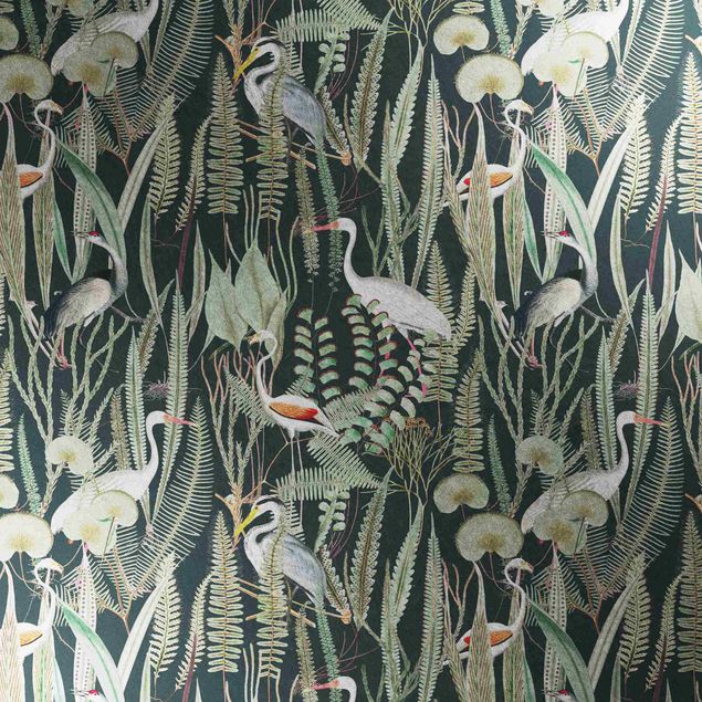 Metallic Tapete  - Flamingos und Störche mit Pflanzen auf Grün