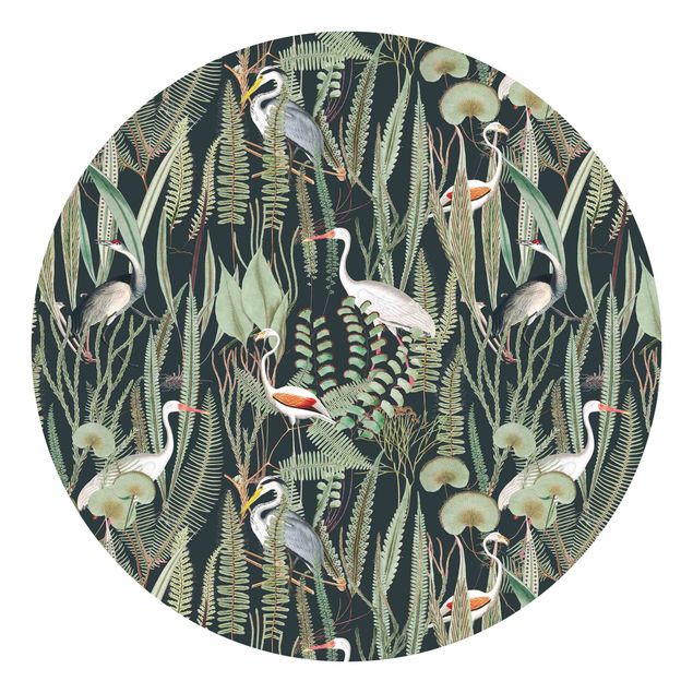 Runde Tapete selbstklebend - Flamingos und Störche mit Pflanzen auf Grün