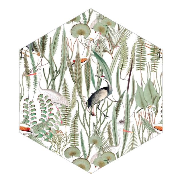 Hexagon Mustertapete selbstklebend - Flamingos und Störche mit Pflanzen