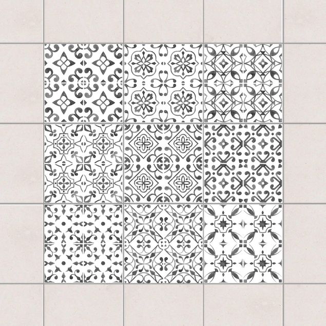Klebefliesen Retro Grau Weiß Muster Serie