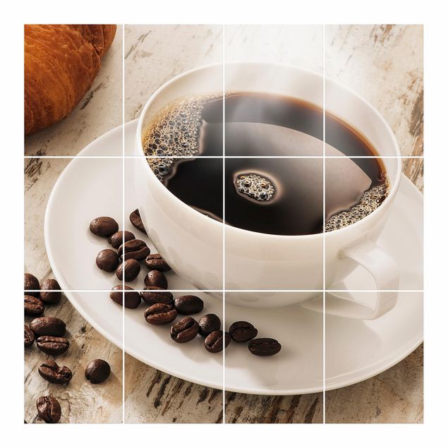 Fliesenbild - Dampfende Kaffeetasse mit Kaffeebohnen
