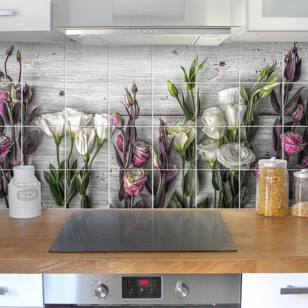 Fliesensticker Blumen Tulpen-Rose Shabby Holzoptik