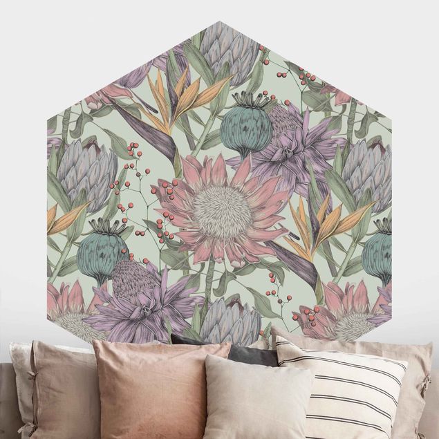 Hexagon Mustertapete selbstklebend - Florale Eleganz in Pastell auf Mint XXL