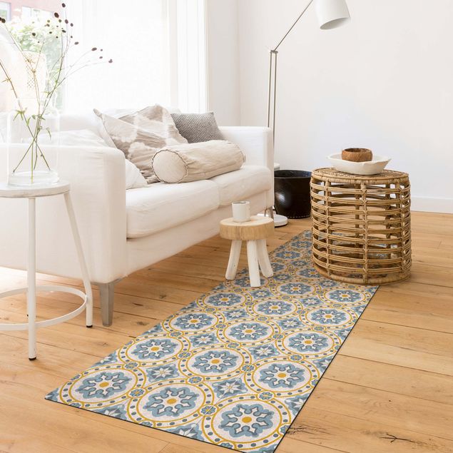 Moderner Teppich Florale Fliesen blau-gelb