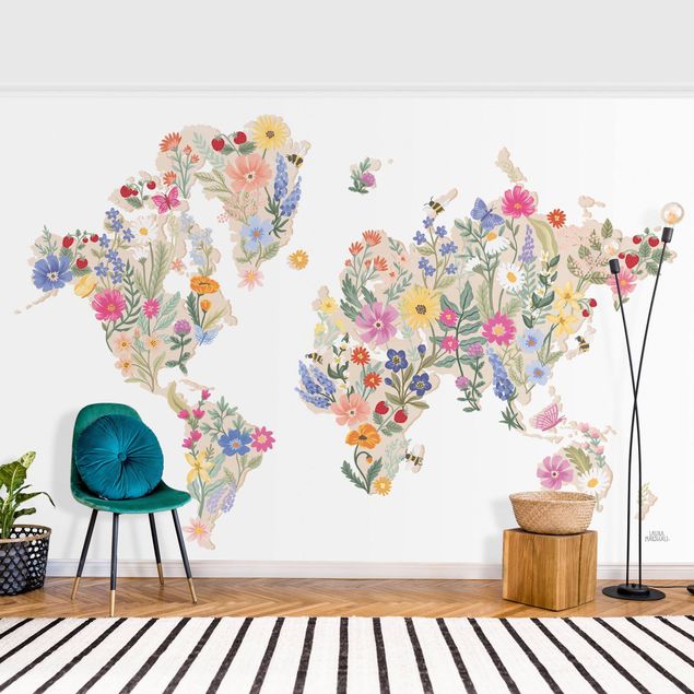 Tapete Blumen Florale Weltkarte