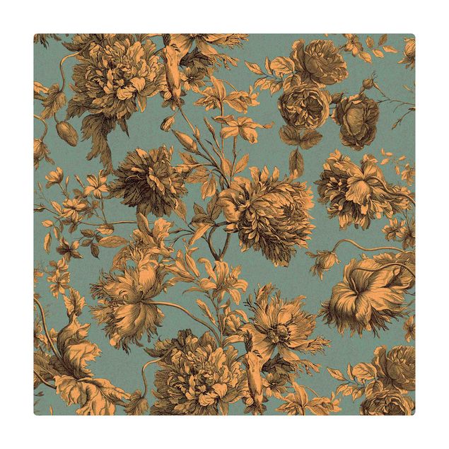 Kork-Teppich - Floraler Kupferstich Goldblau - Quadrat 1:1