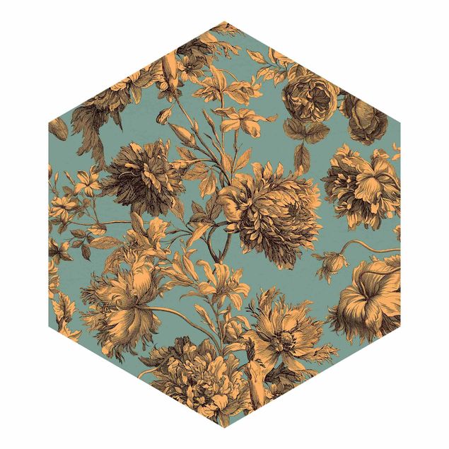 Hexagon Mustertapete selbstklebend - Floraler Kupferstich Goldblau