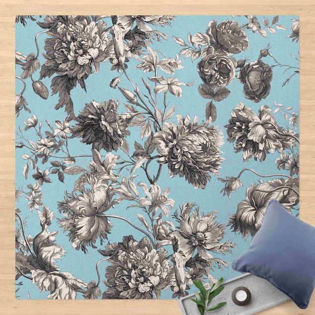 Moderne Teppiche Floraler Kupferstich Graublau