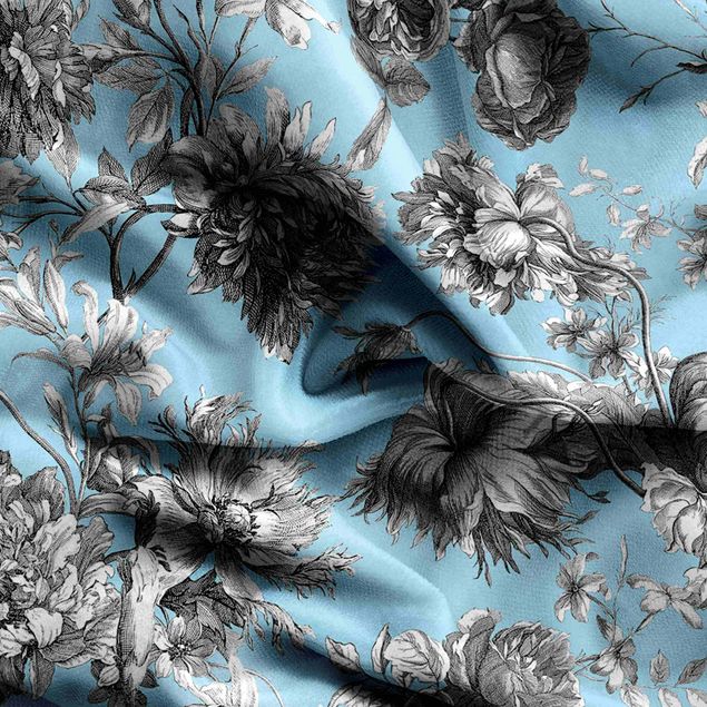 Vorhänge blickdicht Floraler Kupferstich Graublau