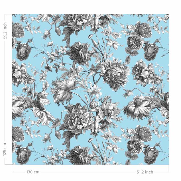 Vorhang Verdunkelung Floraler Kupferstich Graublau