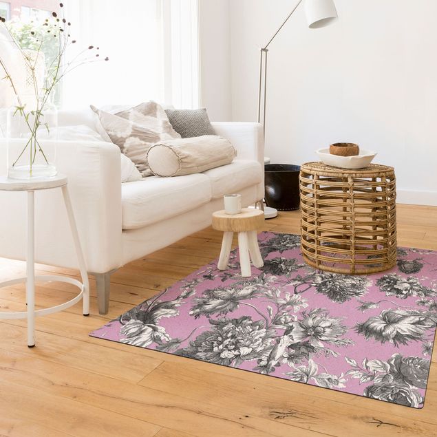 Moderne Teppiche Floraler Kupferstich Grauviolett
