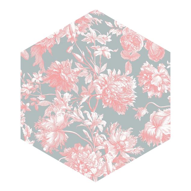 Hexagon Mustertapete selbstklebend - Floraler Kupferstich Rosagrau