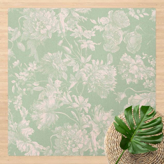 Teppich modern Floraler Kupferstich Weißgrün
