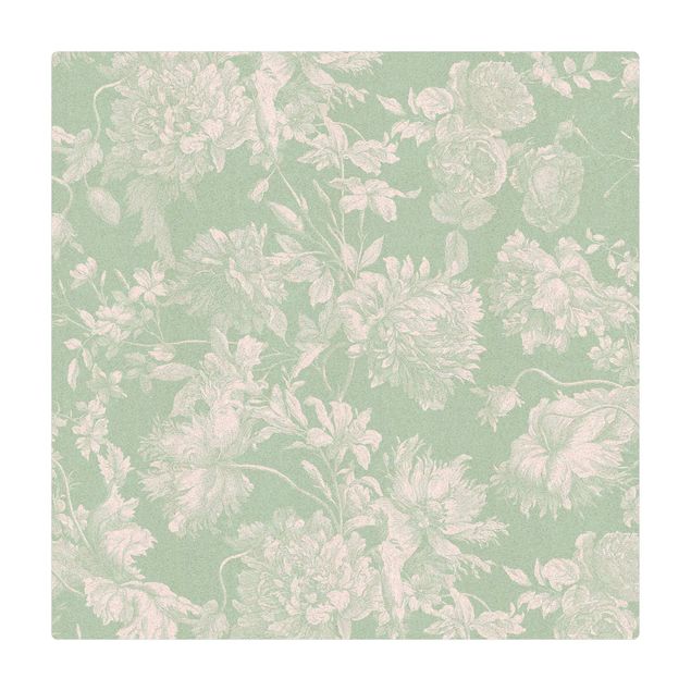 Kork-Teppich - Floraler Kupferstich Weißgrün - Quadrat 1:1