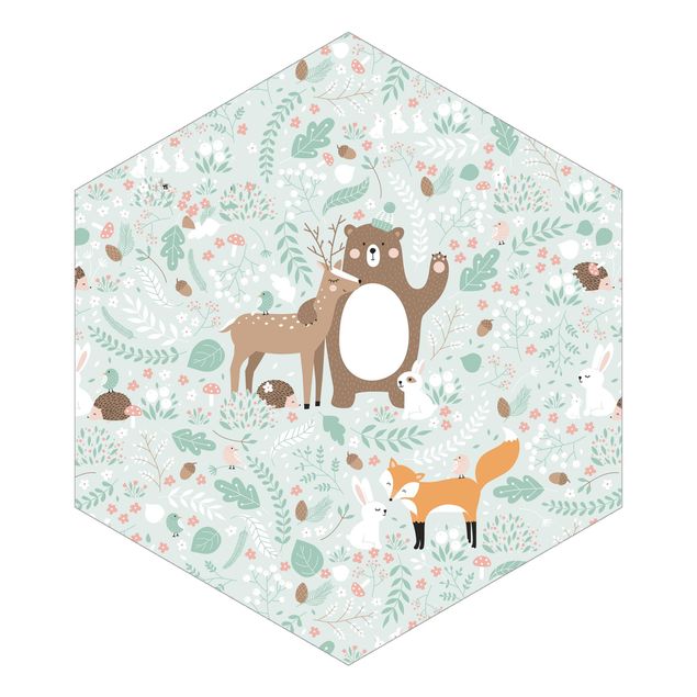 Hexagon Mustertapete selbstklebend - Forest-Friends-mit-Waldtieren