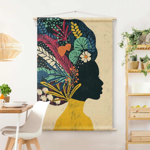 Wandteppiche Boho Frau mit Blumenafro