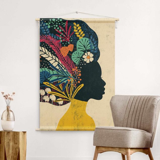 Wandbehang modern Frau mit Blumenafro