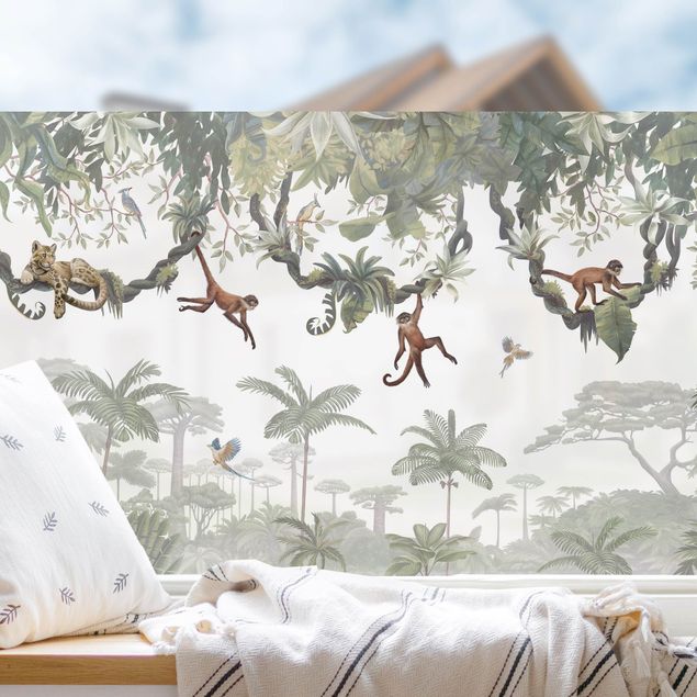 Fensterfolie Motiv Blumen Freche Affen in tropischen Kronen