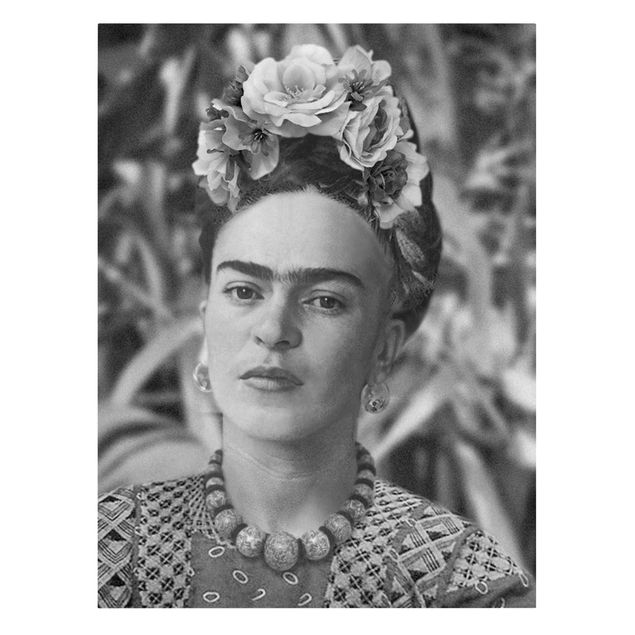 Leinwandbild - Frida Kahlo Foto Portrait mit Blumenkrone - Hochformat 3:4