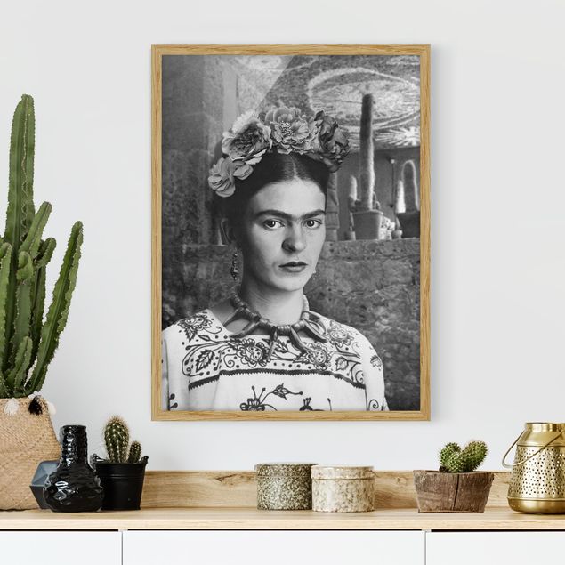 Moderne Bilder mit Rahmen Frida Kahlo Foto Portrait vor Kakteen